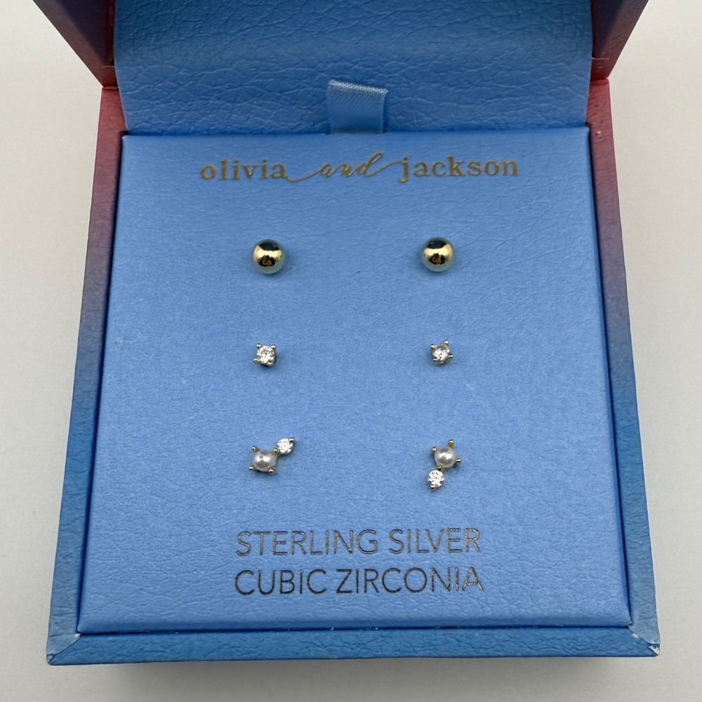 Olivia and Jackson Sterling Silver Cubic Zirconia 3-Pair Stud Earring Set w/ Box